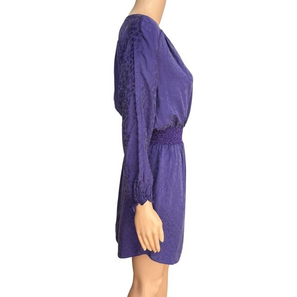 Rebecca Taylor 100% silk purple leopard print smocked waist dress size 2 - Picture 2 of 7